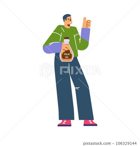 Joyful man holding bottle of palm oil and shows hand gesture perfectly, advertising vegetarian food vector illustration Joyful man holding bottle of palm oil and shows hand gesture perfectly, advertising vegetarian food vector illustration 106329144