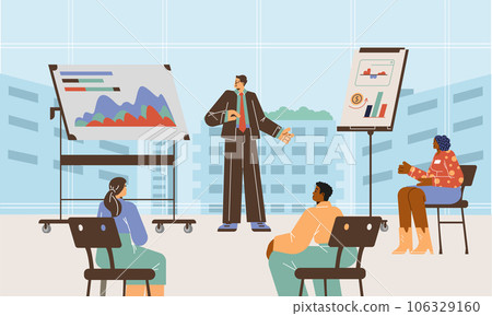 Businessman making presentation in front of audience, flat vector illustration. Businessman making presentation in front of audience, flat vector illustration. 106329160