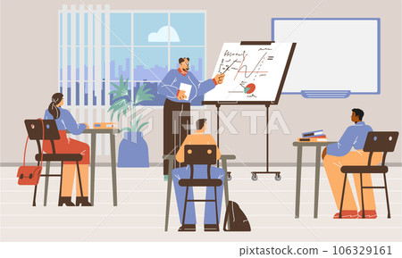 Business seminar or sales meeting with presenter flat vector illustration. 106329161