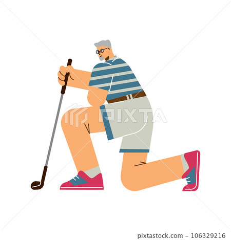 Gray-haired old man playing golf, knelt down with club sport leisure activity, healthy hobby isolated vector illustration Gray-haired old man playing golf, knelt down with club sport leisure activity, healthy hobby isolated vector illustration 106329216