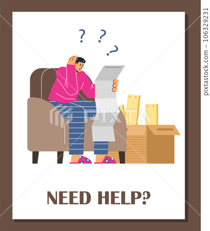 Man sitting on armchair, confused by assembly manual, large boxes of furniture pieces, vector cartoon poster Need help Man sitting on armchair, confused by assembly manual, large boxes of furniture pieces, vector cartoon poster Need help 106329231
