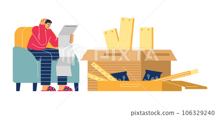Confused man reading instruction for furniture assembly, flat vector illustration isolated on white background. 106329240