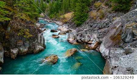 River in a Rocky Mountain Canyon. British Columbia, Canada. Aerial Nature Background 106329249