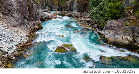 River in a Rocky Mountain Canyon. British Columbia, Canada. Aerial Nature Background 106329252