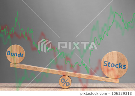 Portfolio diversification. Allocation of assets in an investment portfolio to reduce risk. Stock bonds in different quantities on the scales as a symbol of balance, against the background. 106329318
