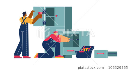 Furniture assembly service, two workers with screwdriver and turn-screw assembling closet, flat vector illustration 106329365