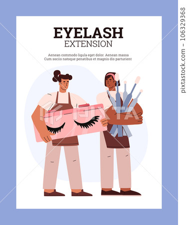 Eyelash extension advertising poster, women holding instruments - flat vector illustration. 106329368