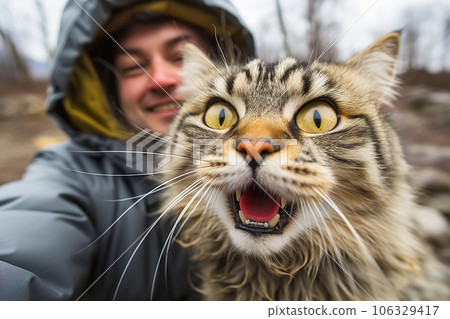 Portrait of an expressive cat with an impudent look and an open mouth on a walk with his owner Portrait of an expressive cat with an impudent look and an open mouth on a walk with his owner 106329417