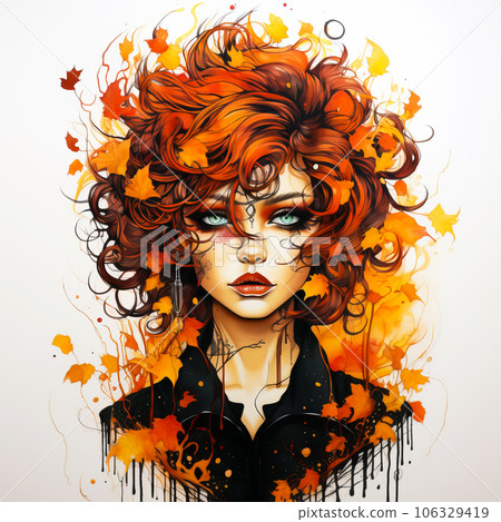 Watercolor portrait of beautiful woman in autumn leaves Watercolor portrait of beautiful woman in autumn leaves 106329419