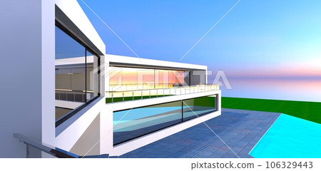 Contemporary minimalist real estate. White facade and large panoramic windows with spacious terrace. 3d rendering. 106329443