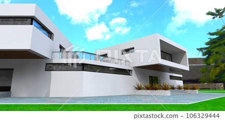 Corner window on white facade under the fenced terrace of the contemporary villa. Much plants on the porch. 3d rendering. Corner window on white facade under the fenced terrace of the contemporary villa. Much plants on the porch. 3d rendering. 106329444