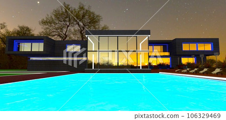 Seldom starry night above the eco-friendly real estate. Sun loungers along the pool. 3d rendering. 106329469