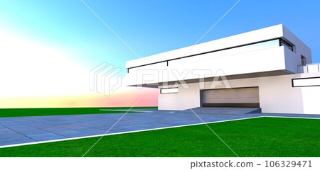 Lifting metal gate of the contemporary suburban mansion with white plaster facade against the bright sunny sky. 3d rendering. 106329471