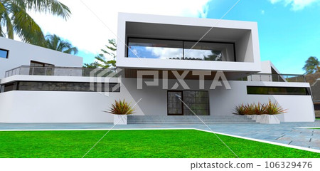 Look of the porch with glass swing entry door. Console structure of the balcony above the concrete steps. 3d rendering. Look of the porch with glass swing entry door. Console structure of the balcony above the concrete steps. 3d rendering. 106329476