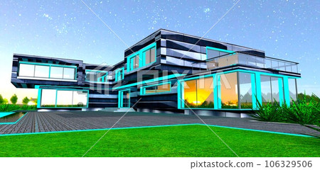 Turquoise night illumination of the unique private house mansion with innovative stone facade. 3d rendering. 106329506
