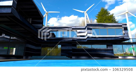 View from the pool to the exit from the contemporary suburban cottage with 3d panels finishing. 3d rendering. 106329508