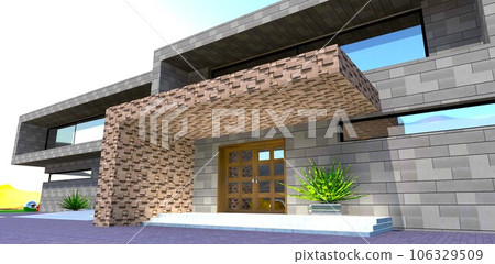View of the porch. Exclusive contemporary design. Metal panel facade, glowing concrete steps and wooden swing door. 3d rendering. 106329509