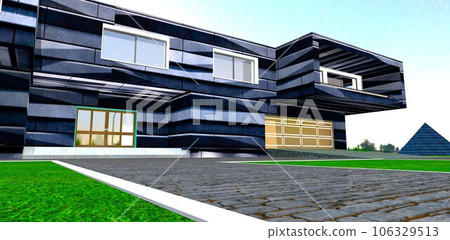 Warm summer night. Cozy relax area near the modern country estate with illuminated facade elements. 3d rendering. Warm summer night. Cozy relax area near the modern country estate with illuminated facade elements. 3d rendering. 106329513