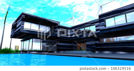 Wind generators behind the private contemporary house finished with innovative stone composite material. 3d rendering. Wind generators behind the private contemporary house finished with innovative stone composite material. 3d rendering. 106329516