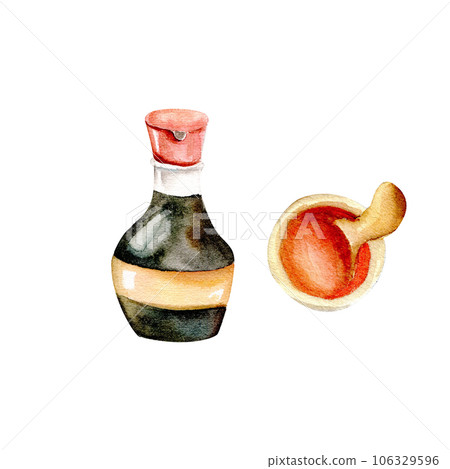 Watercolor asian sauce set. Hand drawn food illustration for reastaurant, menu design Watercolor asian sauce set. Hand drawn food illustration for reastaurant, menu design 106329596
