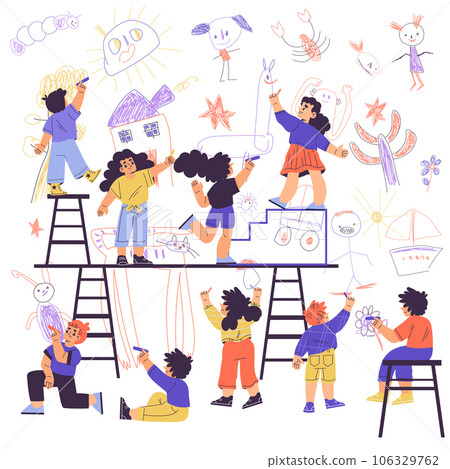 Children Drawing on Wall with Colorful Crayons Vector Illustration 106329762