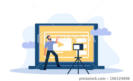 Video vloger business vector illustration concept. Web vlog design social media broadcast advertising creator. Online stream webinar movie tutorial. Explainer blog channel with camera. Blogging like 106329896