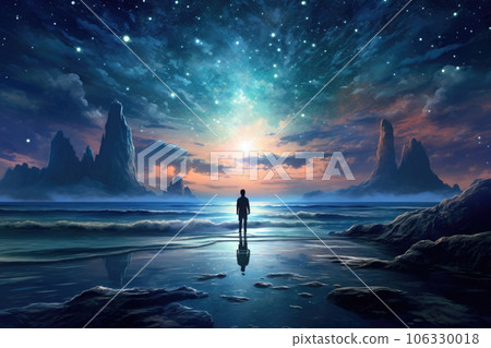 Lonely silhouette on beach at night looking on heaven. Generative AI 106330018