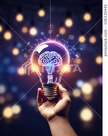Hand holding virtual lightbulb Hand holding virtual lightbulb 106330448