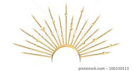 Gold metal crown with rays and beads. Hand drawn watercolor illustration for day of the dead, halloween, Dia de los muertos. Isolated object on a white background. 106330513