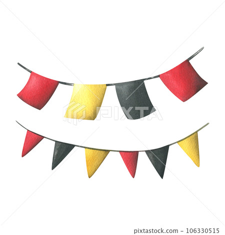 garlands with red, black and yellow flags are square and triangular. Hand drawn watercolor illustration for day of the dead, halloween, Dia de los muertos. Isolated object on a white background. 106330515