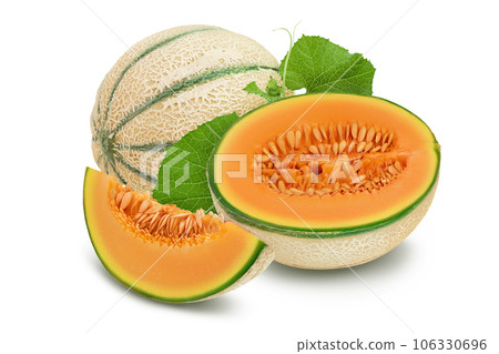 Cantaloupe melon isolated on white background with full depth of field, Cantaloupe melon isolated on white background with full depth of field, 106330696