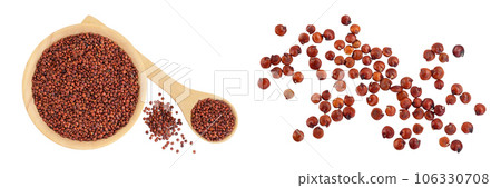 red quinoa seeds in wooden bowl and spoon isolated on white background with  full depth of field. Top view. Flat lay 106330708