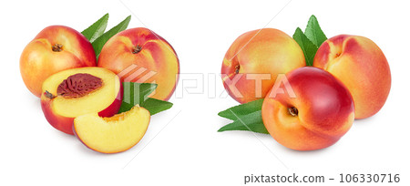 Nectarine fruit and half with leaf isolated on white background cutout 106330716