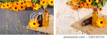 aromatherapy essential oil with fresh marigold flowers on old wooden background. Calendula oil 106330724