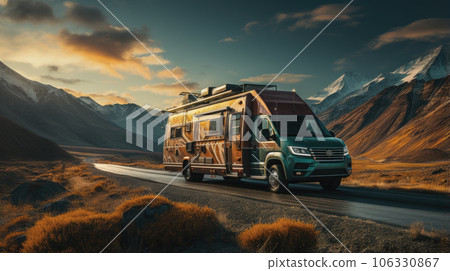 Generative ai illustration of small truck with an rv on the road 106330867