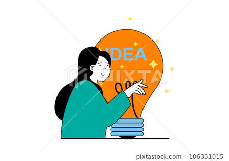 Brainstorming concept with people scene in flat web design. Woman with light bulb generating ideas, creating strategy, finding vision. Vector illustration for social media banner, marketing material. 106331015