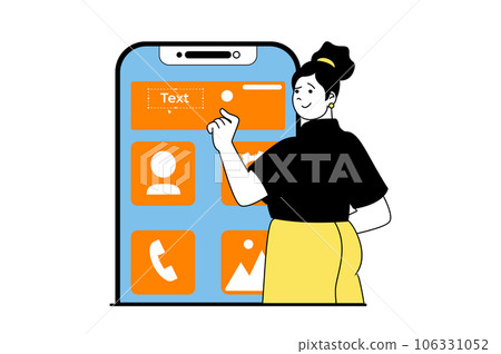 App development concept with people scene in flat web design. Woman designing application interface wireframe layout with usability. Vector illustration for social media banner, marketing material. App development concept with people scene in flat web design. Woman designing application interface wireframe layout with usability. Vector illustration for social media banner, marketing material. 106331052