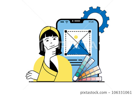 App development concept with people scene in flat web design. Woman creating graphics, selecting colors palette for interface layout. Vector illustration for social media banner, marketing material. 106331061