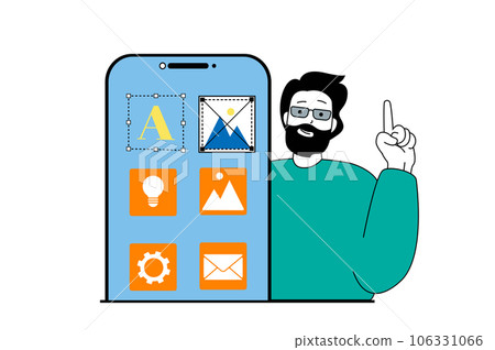 App development concept with people scene in flat web design. Man developing wireframe layout on mobile screen with buttons placement. Vector illustration for social media banner, marketing material. App development concept with people scene in flat web design. Man developing wireframe layout on mobile screen with buttons placement. Vector illustration for social media banner, marketing material. 106331066