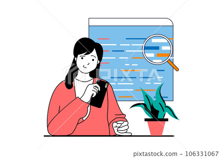 App development concept with people scene in flat web design. Woman developing applications, searching and fixing bug of program code. Vector illustration for social media banner, marketing material. App development concept with people scene in flat web design. Woman developing applications, searching and fixing bug of program code. Vector illustration for social media banner, marketing material. 106331067
