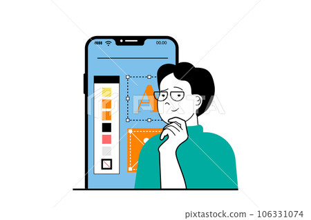 App development concept with people scene in flat web design. Man selecting colors palette for ui layout and creating wireframe mockup. Vector illustration for social media banner, marketing material. 106331074