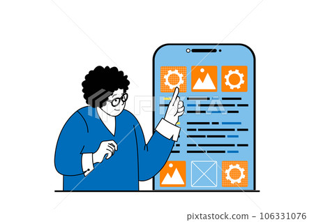 App development concept with people scene in flat web design. Woman creating ui layout for mobile phone, placing elements and buttons. Vector illustration for social media banner, marketing material. App development concept with people scene in flat web design. Woman creating ui layout for mobile phone, placing elements and buttons. Vector illustration for social media banner, marketing material. 106331076