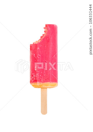 Ice cream on a stick with a bite mark isolated on a white background. Ice cream or fruit ice isolated on a white background. Yellow, orange and red frozen juice on a stick. Vertical ice cream banner 106331444