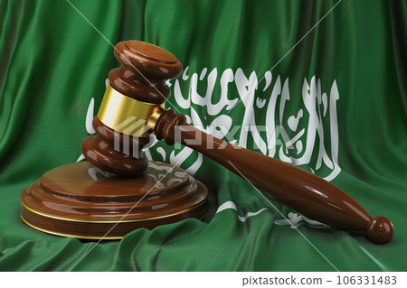 Saudi Arabian law and justice concept. Wooden gavel on flag of Saudi Arabia, 3D rendering Saudi Arabian law and justice concept. Wooden gavel on flag of Saudi Arabia, 3D rendering 106331483