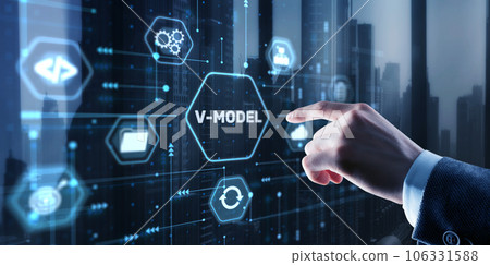 Businessman clicks V-Model, VEE. Information systems development model Businessman clicks V-Model, VEE. Information systems development model 106331588