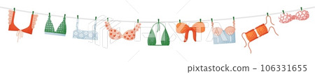 Woman bra. Bralette, brassiere drying in laundry, fabric for beauty women, girl, romance textured trendy clothing. Swimwear, swimsuit, beachwear. Clothes drying on rope. Vector textured flat 106331655