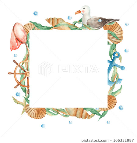 Sea square frame, cute sea gull, wooden steering wheel, seashells, nautical anchor, orange net, seaweeds and water bubbles. Marine design. Watercolor hand drawn illustration isolated on white Sea square frame, cute sea gull, wooden steering wheel, seashells, nautical anchor, orange net, seaweeds and water bubbles. Marine design. Watercolor hand drawn illustration isolated on white 106331997