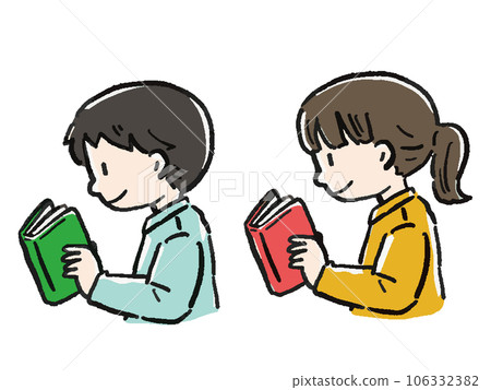 Illustration set of a man and a woman reading a book Profile bust up Illustration set of a man and a woman reading a book Profile bust up 106332382