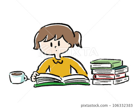Illustration of a woman reading a book with stacked books and coffee Illustration of a woman reading a book with stacked books and coffee 106332383