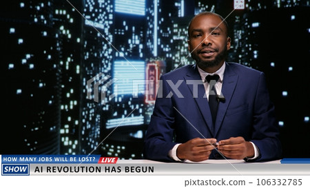 Man talk show host presents news about modern technology and artificial intelligence revolution, starting late night tv program. Media journalist talking about AI development live. Man talk show host presents news about modern technology and artificial intelligence revolution, starting late night tv program. Media journalist talking about AI development live. 106332785